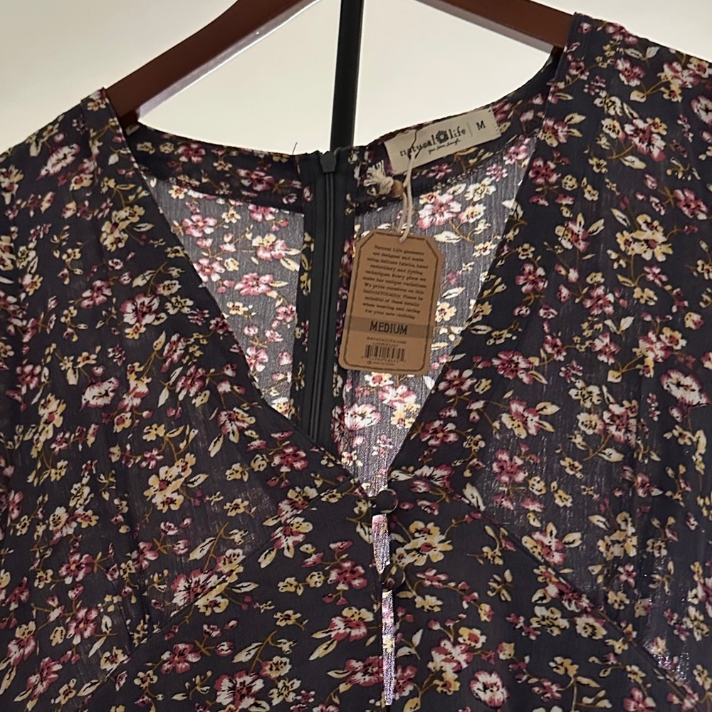 Floral V-Neck Midi Dress in Navy and Pink